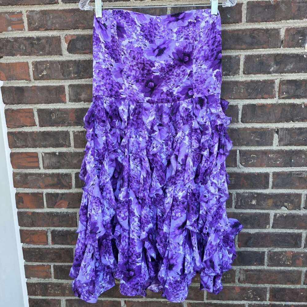 $180 WHITE HOUSE BLACK MARKET Purple Floral Ruffle Strapless Dress Size 10